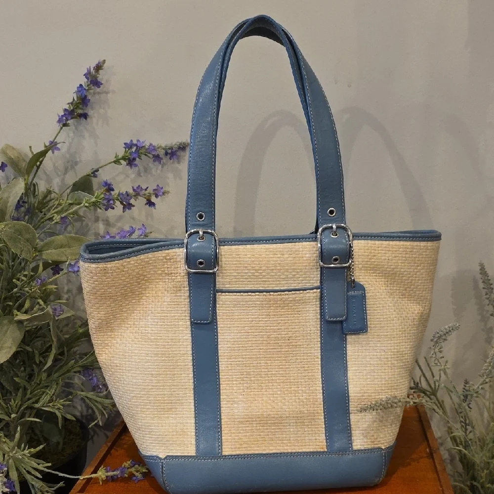 Coach Vintage Hampton Raffia Straw Tote With Blue Leather Trim